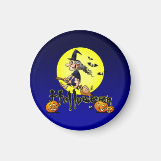 Halloween, witch on a broom, bats and pumpkins 1 inch round magnet