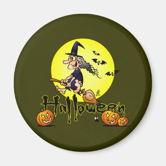 Halloween, witch on a broom, bats and pumpkins 2 inch round magnet