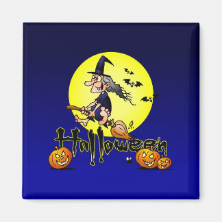 Halloween, witch on a broom, bats and pumpkins 2 inch square magnet