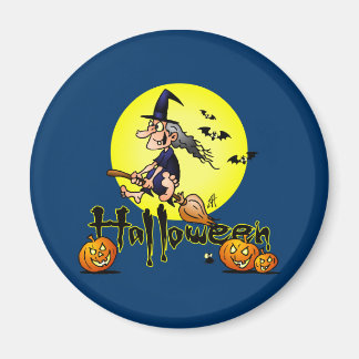 Halloween, witch on a broom, bats and pumpkins 2 inch round magnet