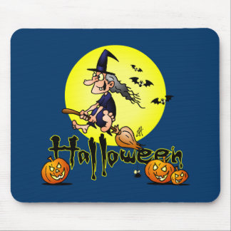 Halloween, witch on a broom, bats and pumpkins mouse pad