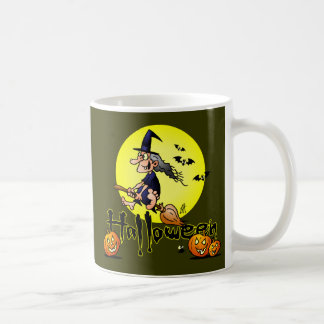 Halloween, witch on a broom, bats and pumpkins classic white coffee mug