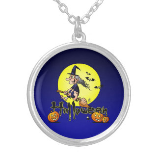 Halloween, witch on a broom, bats and pumpkins round pendant necklace