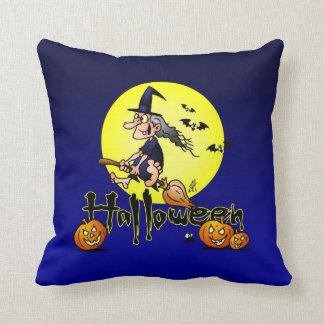 Halloween, witch on a broom, bats and pumpkins pillow