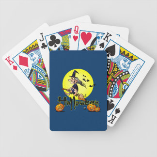 Halloween, witch on a broom, bats and pumpkins bicycle playing cards