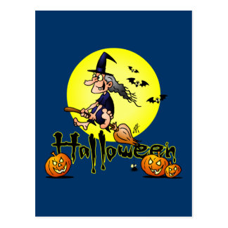 Halloween, witch on a broom, bats and pumpkins postcard