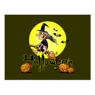 Halloween, witch on a broom, bats and pumpkins postcard