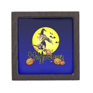 Halloween, witch on a broom, bats and pumpkins premium jewelry boxes