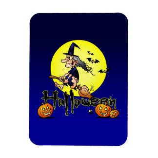 Halloween, witch on a broom, bats and pumpkins rectangular photo magnet