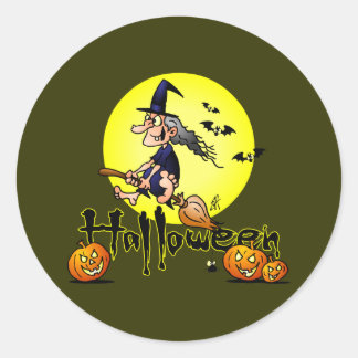 Halloween, witch on a broom, bats and pumpkins classic round sticker