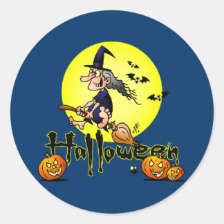Halloween, witch on a broom, bats and pumpkins classic round sticker
