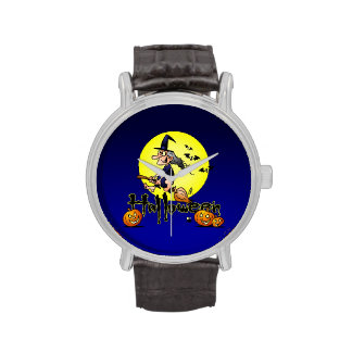 Halloween, witch on a broom, bats and pumpkins watches
