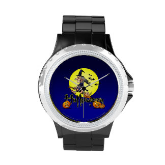 Halloween, witch on a broom, bats and pumpkins watches