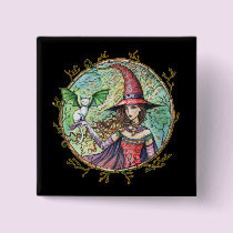 Halloween Witch White Cat Pin Button