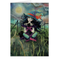 Halloween Witch with Black Cats Fantasy Art cards