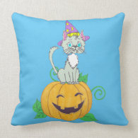 Halloween Wizard Cat on Pumpkin Throw Pillows