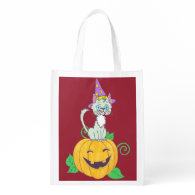 Halloween Wizard Cat on Pumpkin Reusable Grocery Bags