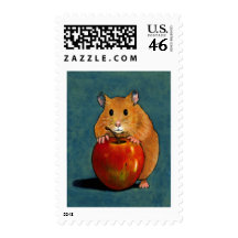HAMSTER WITH APPLE: PASTEL ART POSTAGE STAMPS