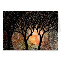 Hand Carved and Cross Hatched Trees on Orange Greeting Card