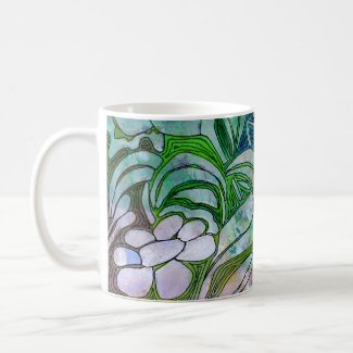 Hand Carved Leaves and Flowers - in Green Blue mug