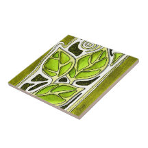 Hand Carved Leaves in Green Ceramic Tiles