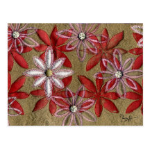 Hand Carved Quilted Red and Pink Flowers Postcard