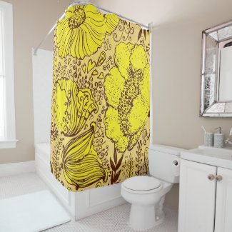 Hand Drawn Beige Yellow & Brown Vintage Flowers Shower Curtain