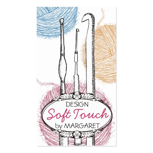 Hand drawn fuzzy yarn crochet hooks gift tag card business card templates (front side)
