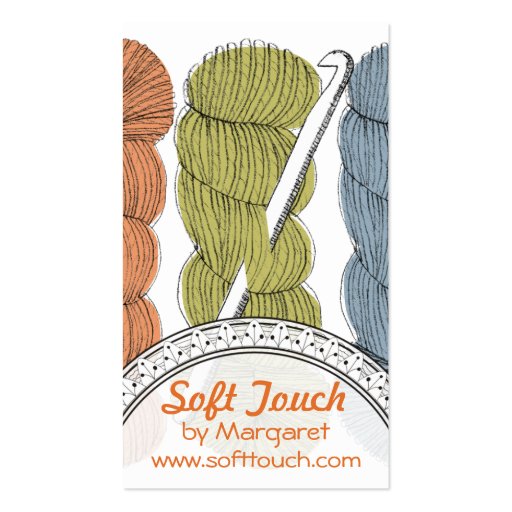 Hand drawn twisted yarn hank skein crochet hook business cards (front side)