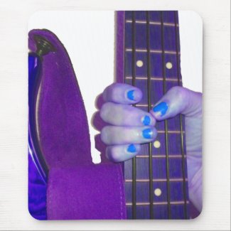 Hand holding bass guitar blue and purple photo mouse pads