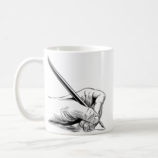 Hand holding pen mug