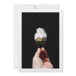 Hand holding white rose bud black background invites