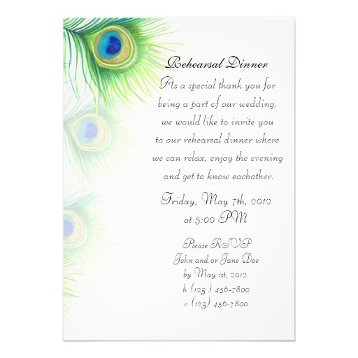 Hand Painted Peacock Feathers Rehearsal Dinner Personalized Announcements