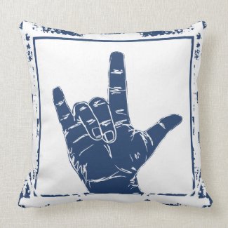 Hand Sign I Love You-Blue And White Grunge Frame- Throw Pillows