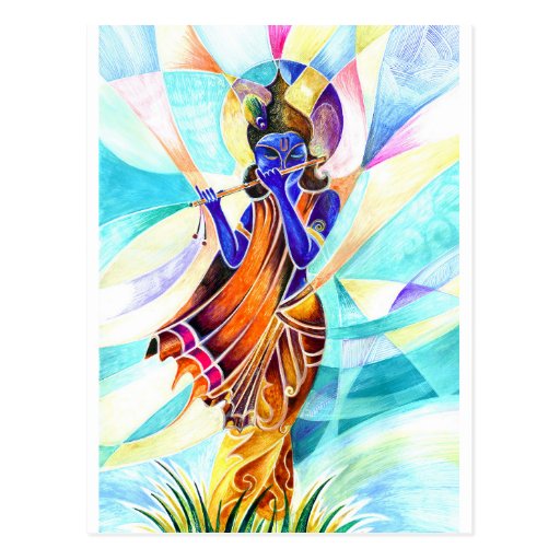 Handmade Abstract Painting of Lord Krishna with fl Postcard Zazzle