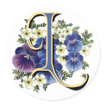 Handpainted Pansy Initial Monogram -  L Round Sticker