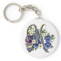 Handpainted Pansy Initial Monogram -  M Key Chain