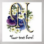 Handpainted Pansy Initial Monogram -  N posters