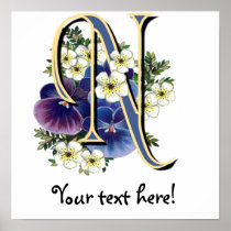 Handpainted Pansy Initial Monogram -  N Posters