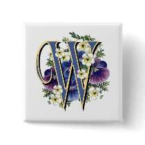 Handpainted Pansy Initial Monogram -  W Button