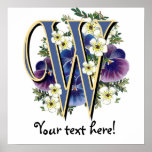 Handpainted Pansy Initial Monogram -  W posters