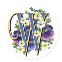 Handpainted Pansy Initial Monogram -  W Round Sticker