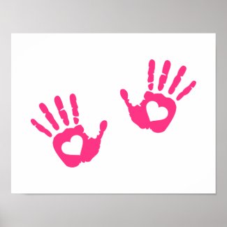 pink Hand print hearts poster