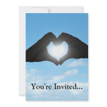 Hands in Heart Shape Silhouette on Blue Sky Invite