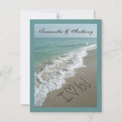 I heart you written in the sand Teal aqua blue and sand wedding invitation 