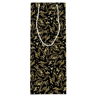 Handwritten Merry Christmas Glow Text and Stars Wine Gift Bag
