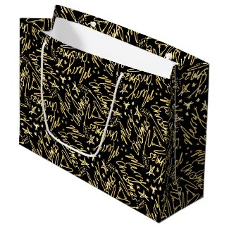 Handwritten Merry Christmas Glow Text and Stars Large Gift Bag