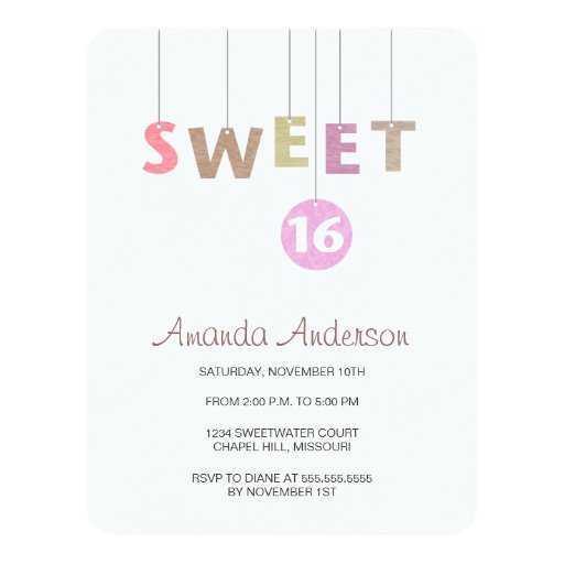 Hanging Letters Sweet Sixteen Birthday Invitations