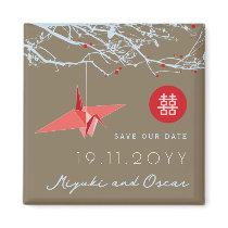 Hanging Paper Cranes & Branch Save The Date Magnet