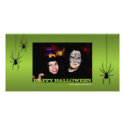 Hanging spiders black green Halloween greeting photocard